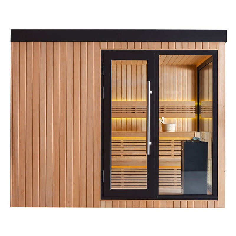 Front view of the AWT The Cube X7-r pro Hemlock Outdoor sauna 300×235 cm with EOS BiO-Cubo heater, glass front and warm yellow LED ambient lighting