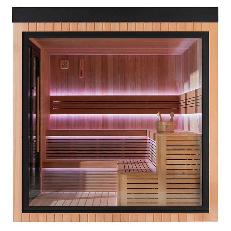 Interior view of the AWT The Cube X7-r pro Hemlock Outdoor sauna 300×235 cm with two-tier benches, infusion accessories and LED ambient lighting in a warm shade of pink